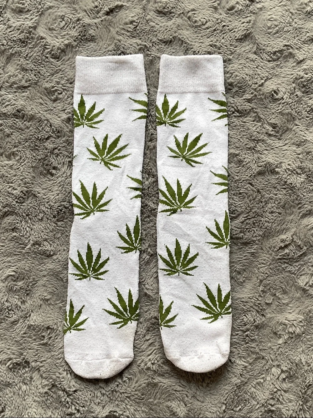 White Crew Socks with Green Leaf Print - Men